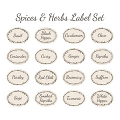 Spices and herbs vector label set for kitchen jar. Spice ellipse floral wreath vintage stickers.