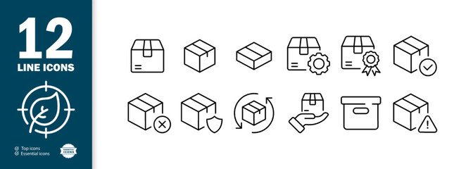 Boxes set icon. Packing, circular arrows, gear, logistics service, shipping, quality mark, shield, package, cross, warning, pack, checkmark, cardboard. Delivery concept. Vector line icon for Business