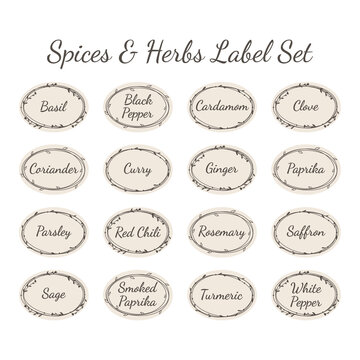 Spices And Herbs Vector Label Set For Kitchen Jar. Spice Ellipse Floral Wreath Vintage Stickers.