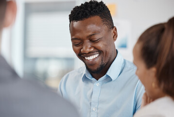 Happy black man in business, training meeting in team company and employee working success. Career of professional young person, strategy conversation and funny discussion in office workplace