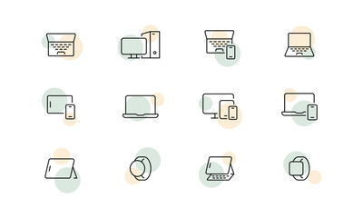 Smart devices set icon. Laptop view from above, desktop computer, PC, phone, tablet with a stand, smart watch, fitness bracelet, band, tracker, gadget, user. Technology concept. Vector line icon