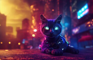 Futuristic cyberpunk cyber cat. 3D illustration