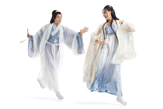 Cheerful young couple in ancient costume