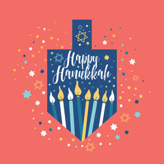 Happy Hanukkah, Jewish Festival of Lights greeting card with Chanukah symbols dreidels, spinning top, lettering, menorah candles, star David. Vector. Happy hanukkah in Hebrew.