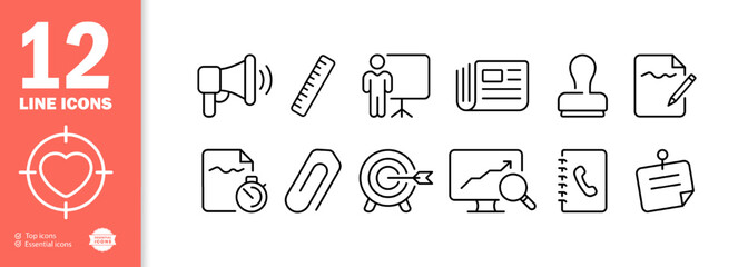 Working infographics set icon. Flipchart, contacts, magnifier, newspaper, achievement, target, seal, stopwatch, megaphone, statistics, document, ruler. Business concept. Vector line icon for Business