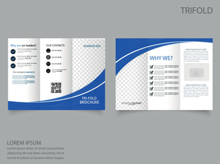 Tri fold brochure with blue waves. Flyer for printing.