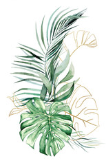 Bouquet made of Green and Golden tropical watercolor leaves, isolated wedding illustration