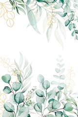 Fototapeta na wymiar Background borders made of green watercolor eucalyptus leaves, wedding illustration