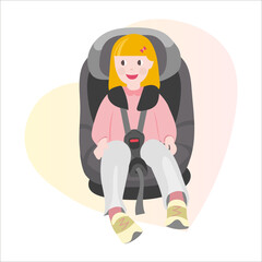Girl strapped in a child car seat. Baby car seat. Safety in auto. Cartoon flat vector illustration.
