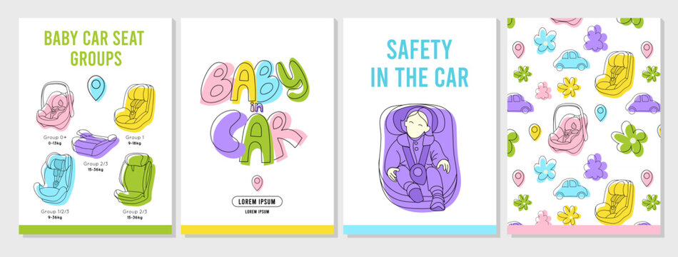 Set Of Flyers For Baby Car Seat, Safety In The Car, Traffic Laws, Groups Of Seats. Pattern, Lettering, Brochure. A4 Vector Illustration For Poster, Banner, Advertising, Cover.