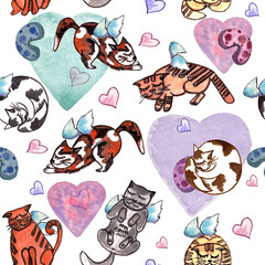 Hand drawn watercolor Valentines seamless pattern with sleeping cats and colored hearts.Valentines day , birthday patterns.