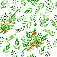 Watercolor drawing. Herbal bouquets with flowers on a white background. Seamless pattern.