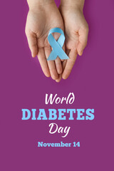 World Diabetes day. Blue circle in hands of an adult is symbol of diabetes awareness. 14 november
