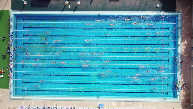 Aerial View of Swimmers in a open swimming pool