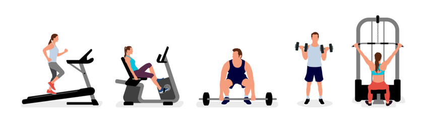 Naklejka na ściany i meble People working out at the gym. Vector illustration set.