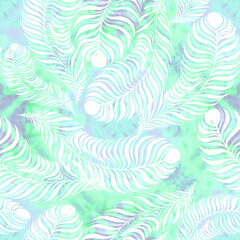 Fototapeta premium Feathers on watercolor background. A collage of feathers on the background of watercolors. Seamless pattern. A collage of feathers. Repeating pattern of feathers.