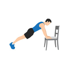 Obraz na płótnie Canvas Man doing Incline plank on chair exercise. Flat vector illustration isolated on white background