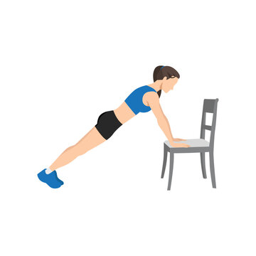 Basic RGBWoman doing Incline plank on chair exercise. Flat vector illustration isolated on white background