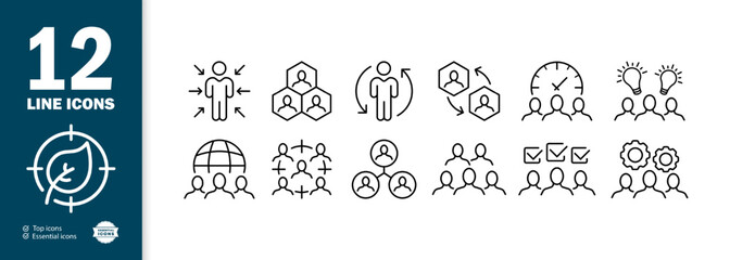 Teamwork set icon. Planet, creative idea, checkmark, gear, workflow, circular arrows, light bulb, schedule, employee, clock, company. Business concept. Vector line icon for Business and Advertising