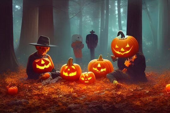 Spooky perty with Jack-o-lanterns in autumn forest. Concept of Halloween. Digital illustration. CG Artwork Background