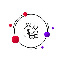 Money bag with dollar sign and down arrow line icon. Transaction, pay, payment, cash accruals, coin, expense, cash, send money, income, salary, currency. Financial management concept. Vector line icon