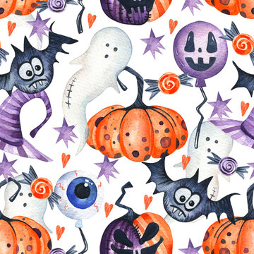 Seamless watercolor pattern. Halloween. Pumpkins to the point, a black bat, a balloon with a scary face, a balloon in the form of an eye, a star, a heart, confetti on a white background. 