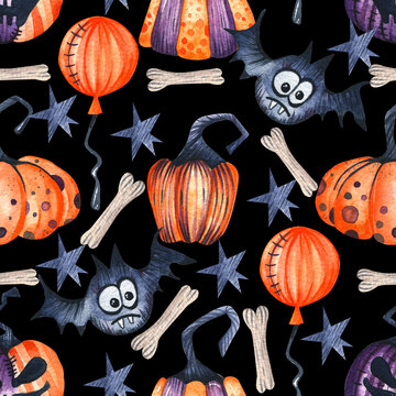 Seamless watercolor pattern. Halloween. Orange stylized dotted and striped pumpkins, air balloon, bat, bones and dark stars on a black background. Design for wrapping paper, fabric, backgrounds