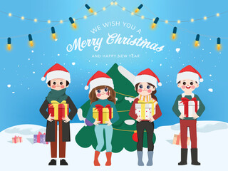 People celebrating gifts in Merry Christmas and happy new year.