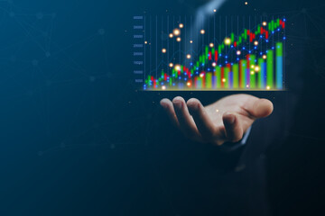 Naklejka premium Businessman showing positive digital technology graph chart
