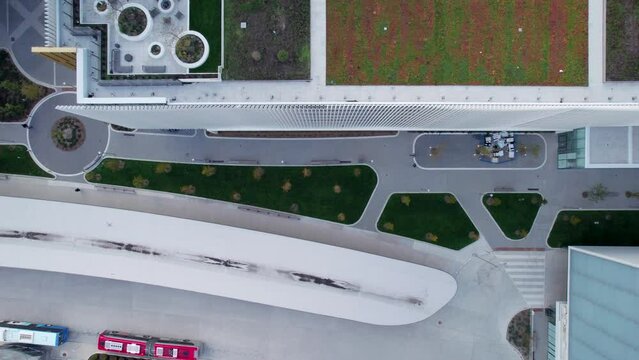 Green roof of urban apartment complex, top down drone view