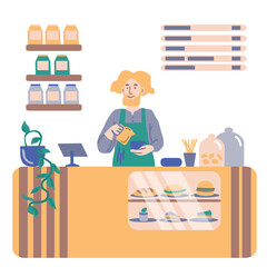 Barista standing at the coffee shop counter. Male worker making coffee at a cafe. Flat vector illustration