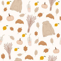 Seamless pattern with pumpkins, croissants, coffee, hoodie, lemon and autumn leaves. Perfect for wallpaper, gift paper, template filling, web page background, autumn greeting cards.Vector illustration