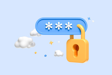 Pin code entry and padlock. Locked password field. Fraud protection. Cybersecurity of data. Privacy concept. Cloud storage. Cartoon creative design icon isolated on blue background. 3D Rendering - obrazy, fototapety, plakaty