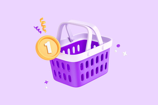 Shopping cart with one notification of added item. Cartoon icon isolated on purple background. Add to cart. Empty shopping basket. 3D Rendering.