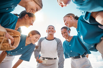 Women, baseball and team with coach smile, happy and support during conversation on game strategy or sports from below with blue sky. Teamwork, collaboration and coaching to win, success and winner