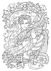 Line art manga style illustration with fantasy dragon and hero man or prince isolated on white