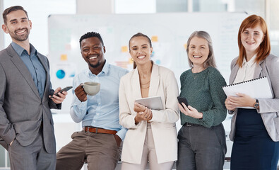 Collaboration, diversity and team success of accounting and corporate business people standing together in support. Portrait and smile of finance employees in partnership in law agency office