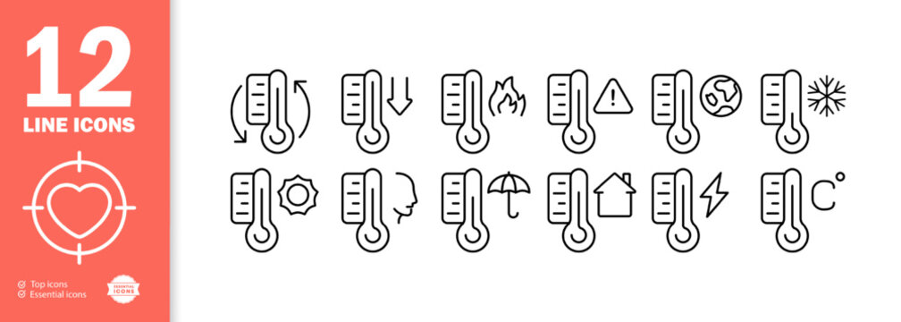 Thermometer set icon. Celsius, cold, heat, sun, fire, body and room temperature, umbrella, warning sign, lightning, climate, snowflake. Weather concept. Vector line icon for Business and Advertising