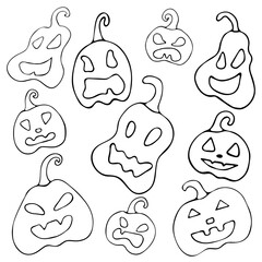 Set of doodle Halloween pumpkins. Cute carved pumpkins. Handmade design, sketch of pumpkins. Great for coloring, postcards, decor.
