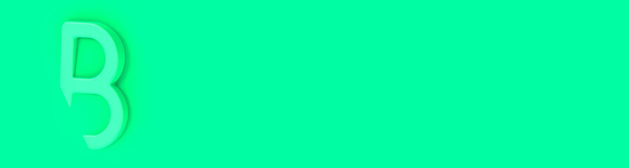Letter B Is green on green background. Part of letter is immersed in background. Horizontal image. Banner for insertion into site. Place for text cope space. 3D image. 3D rendering.