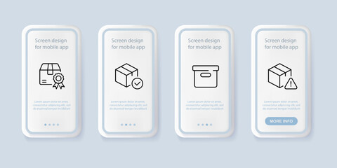 Boxes set icon. Quality mark, checkmark, box with lid, warning sign, package, packaging, cardboard, moving. Delivery concept. UI phone app screens. Vector line icon for Business and Advertising
