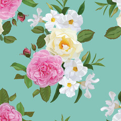 White Rose dipladenia  and roses seamless pattern