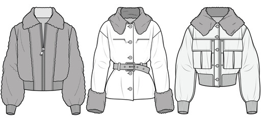 Women Winter Jackets Sets Fashion Illustration, Vector, CAD, Technical Drawing, Flat Drawing, Template, Mockup.