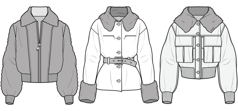 Women Winter Jackets Sets Fashion Illustration, Vector, CAD, Technical Drawing, Flat Drawing, Template, Mockup.