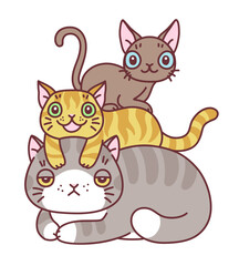 Cartoon three cats making cute tower minimal vector illustration. Doodle cartoon cats series. 