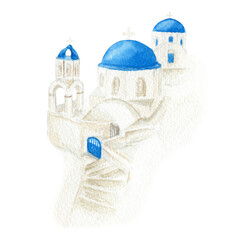Watercolor Santorini Greece illustration. Traditional blue and white dome church over the Caldera in Aegean sea. Oia village on Santorini island. Greek architecture - obrazy, fototapety, plakaty