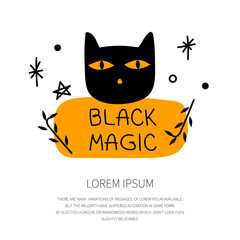 HALLOWEEN character black cat with phrase BLACK MAGIC. Vector illustration Spooky Season creepy avatar on 31 October.
