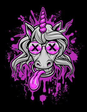 Crazy unicorn head on the bright pink liquid elements. Vector illustration, can be used as T-shirt print. Black, pink and grey series.
