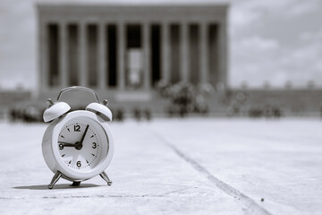 10 kasim or 10th november memorial day of Mustafa Kemal Ataturk. 5 past 9 o'clock and Anitkabir. Monochrome photo.