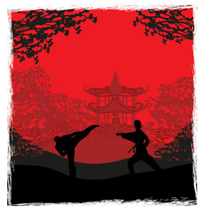 Active tae kwon do martial arts fighters combat fighting and kicking sport silhouettes illustration - 531906146